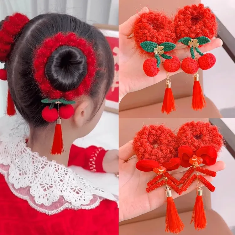 儿童毛绒发圈新年喜庆发饰小女孩丸子头绳不伤发女童古风发绳头饰