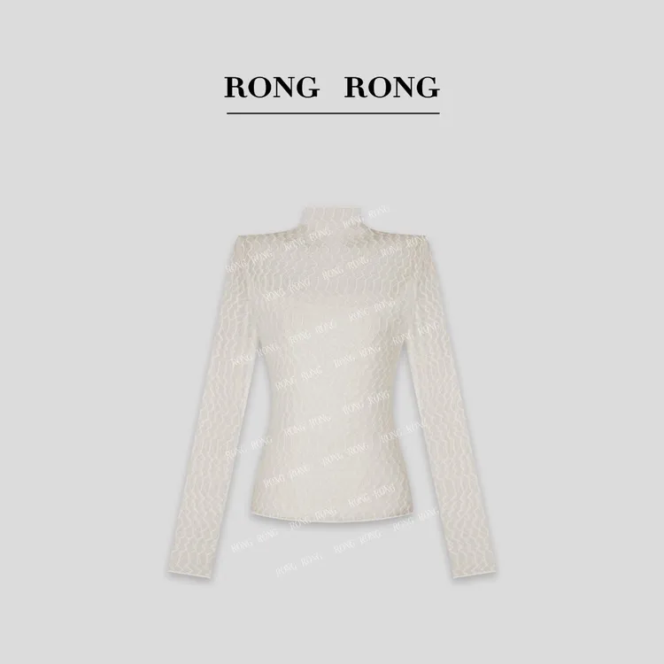 溶溶【柔光星海】RONGRONG 半高领网纱木耳边气质女上衣C-L206611-1