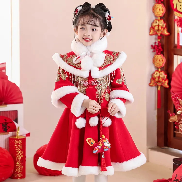 女童拜年服加绒加厚中国风儿童古装汉服冬季旗袍小女孩春节新年服