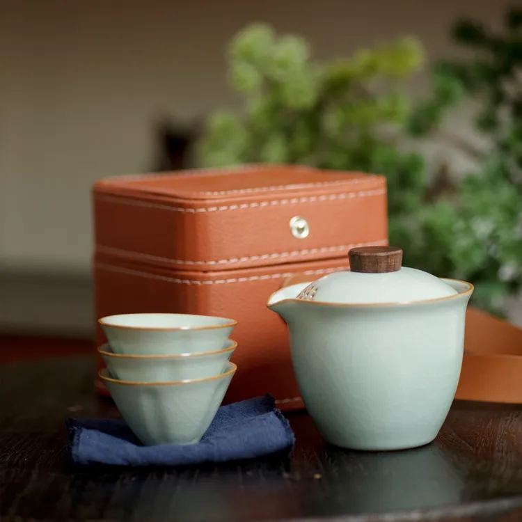 汝瓷旅行茶具一壶三杯盖碗天青功夫茶具开片便携套装家用户外陶瓷