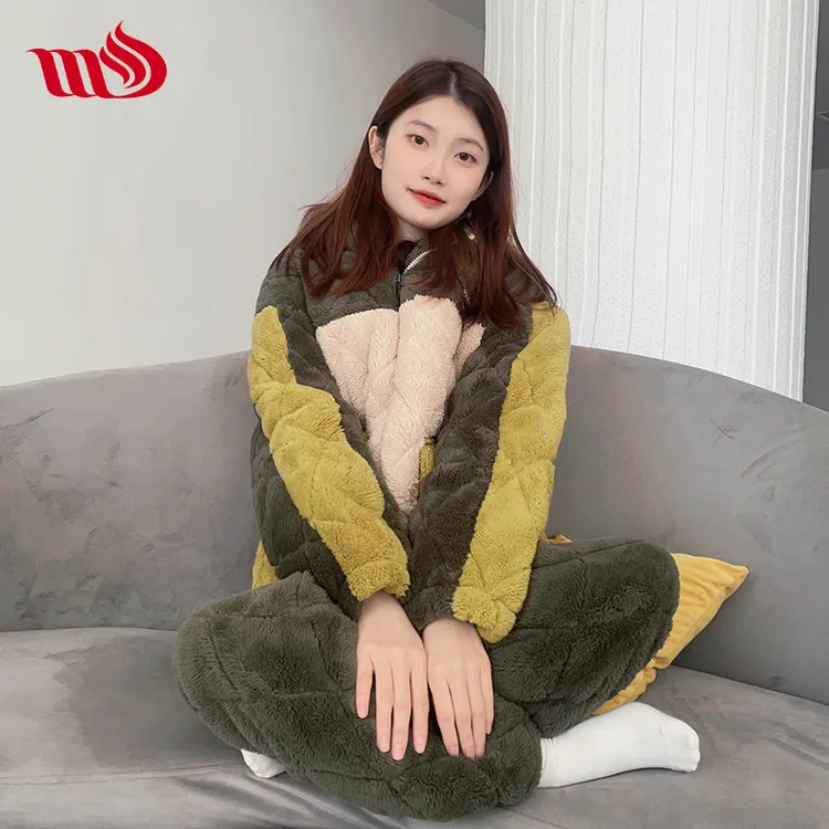 睦隆三层夹棉连帽睡衣休闲女男女情侣冬季加绒加厚家居服套装保暖