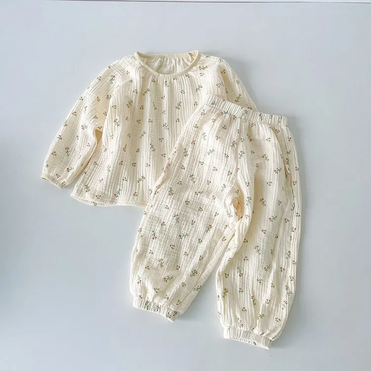 春夏儿童睡衣双层棉纱空调家居服男女童洋气宝宝九分长袖长裤套装