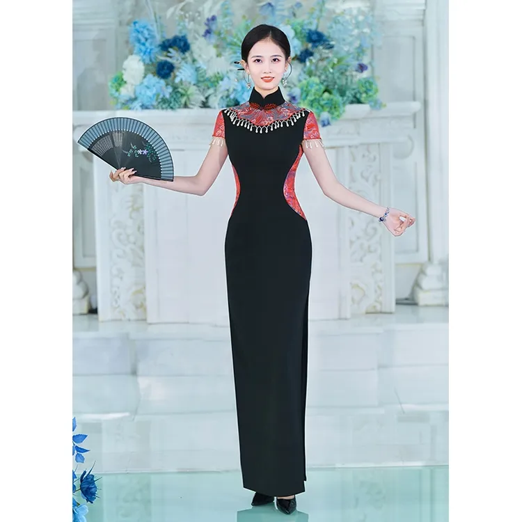 十里锦绣走秀长款旗袍2025年新款高端演出服舞台表演主持人晚礼服