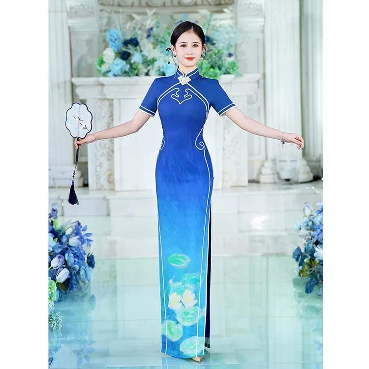 十里锦绣手绘走秀旗袍2025新款短袖中国风复古长款高端t台演出服
