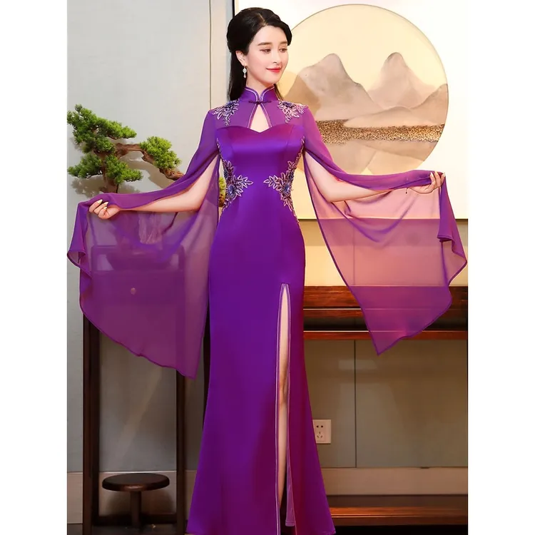 改良旗袍2025年新款夏款紫色优雅高端走秀旗袍长款气质中式演出服