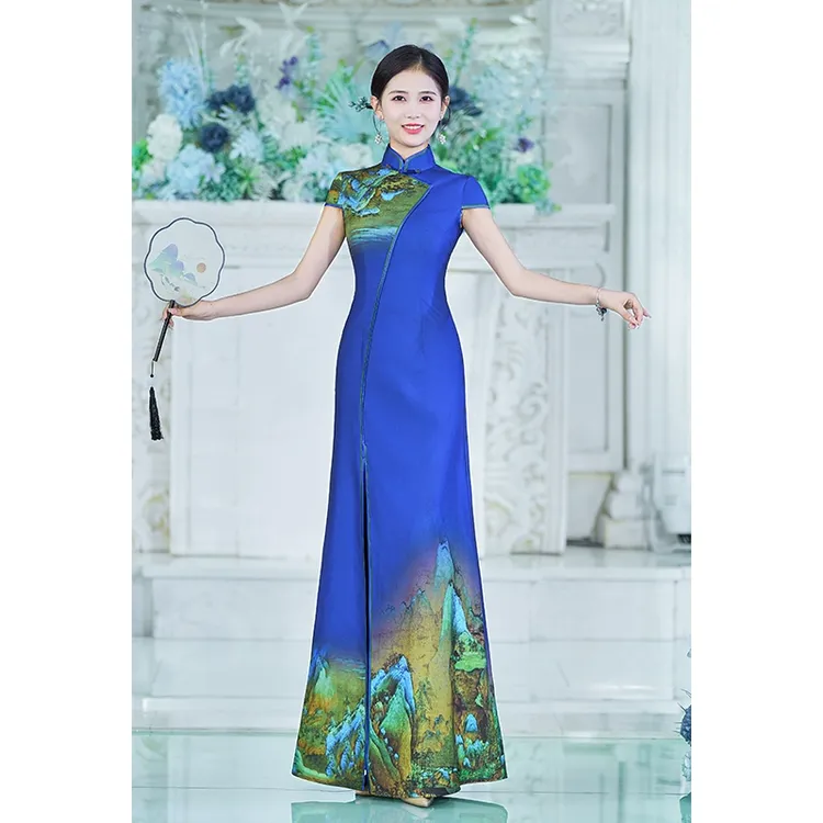 十里锦绣旗袍改良连衣裙2025新款千里江山复古长款舞台走秀演出服