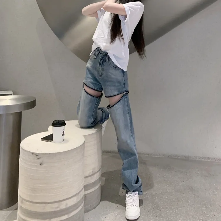 可拆卸拉链两穿阔腿牛仔裤女春夏设计感小众网红直筒辣妹甜酷裤子