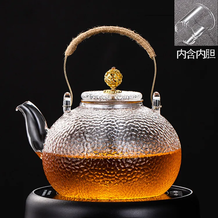 茗言手工铜珠提梁壶耐热玻璃煮茶壶大容量锤纹烧水壶≈700/900毫升