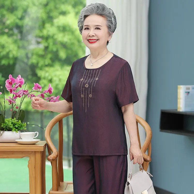 中老年人夏装女奶奶短袖套装60-70岁老人T恤妈妈宽松衣服夏季太太