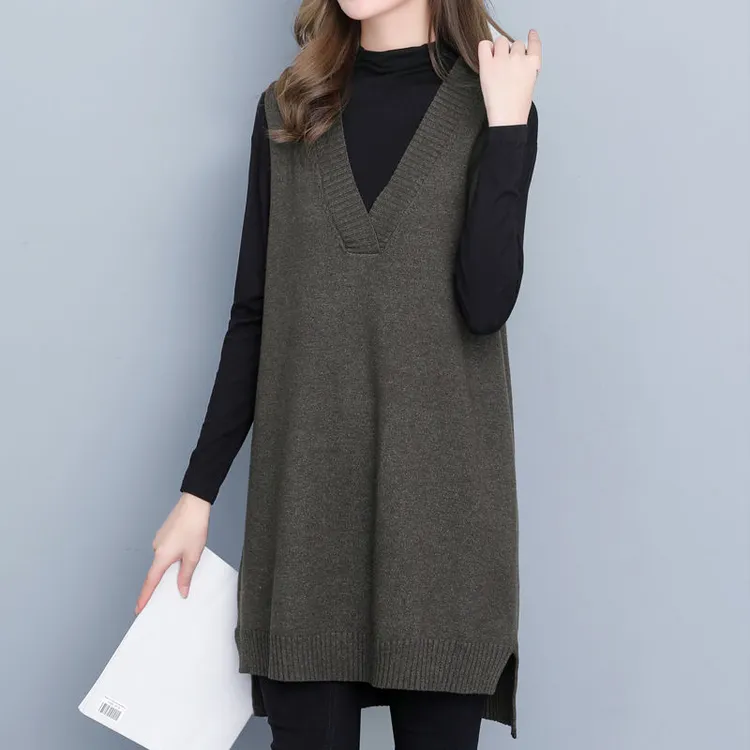 韩版针织马甲女秋冬外穿胖MM春秋宽松V领中长款毛衣背心毛线坎肩