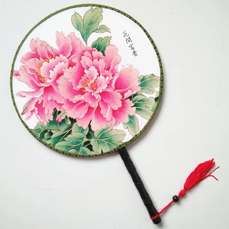 双面团扇青花瓷圆形中国风古典舞蹈长柄扇子荷花仕女扇子网红款