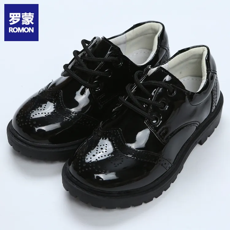 男童皮鞋秋季亮面软底演出系带儿童黑色小皮鞋6-12岁