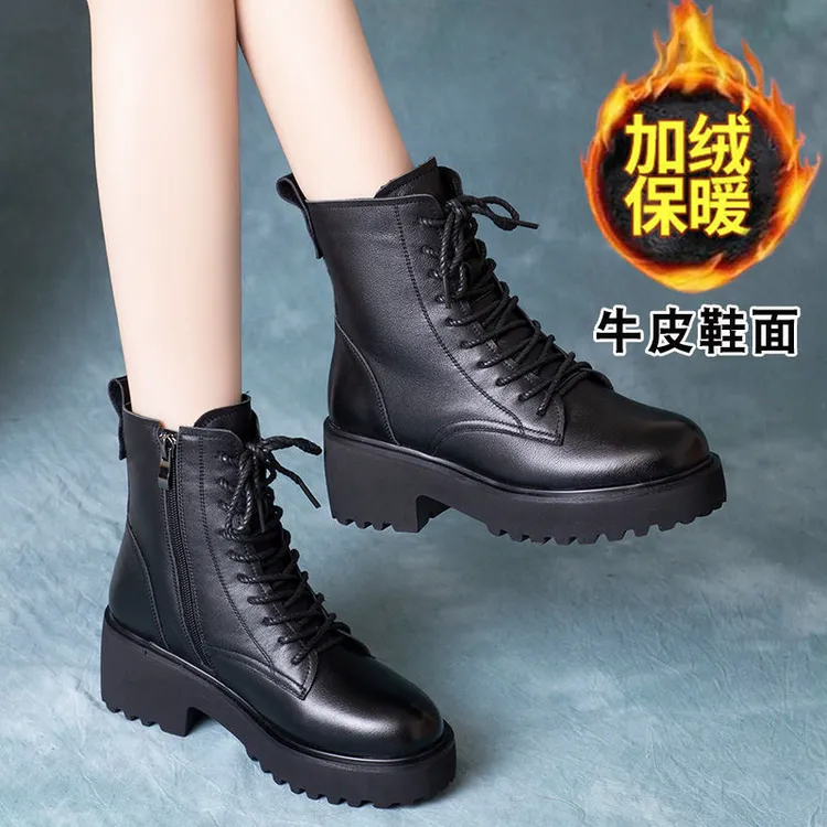 温州工厂直销真皮2025秋冬新款马丁靴系带侧拉链爆款厚底粗跟女靴