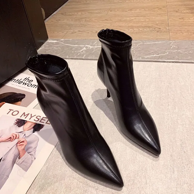 瘦瘦靴尖头细跟短靴女2025年秋冬新款黑色高跟鞋软皮职业工作靴子