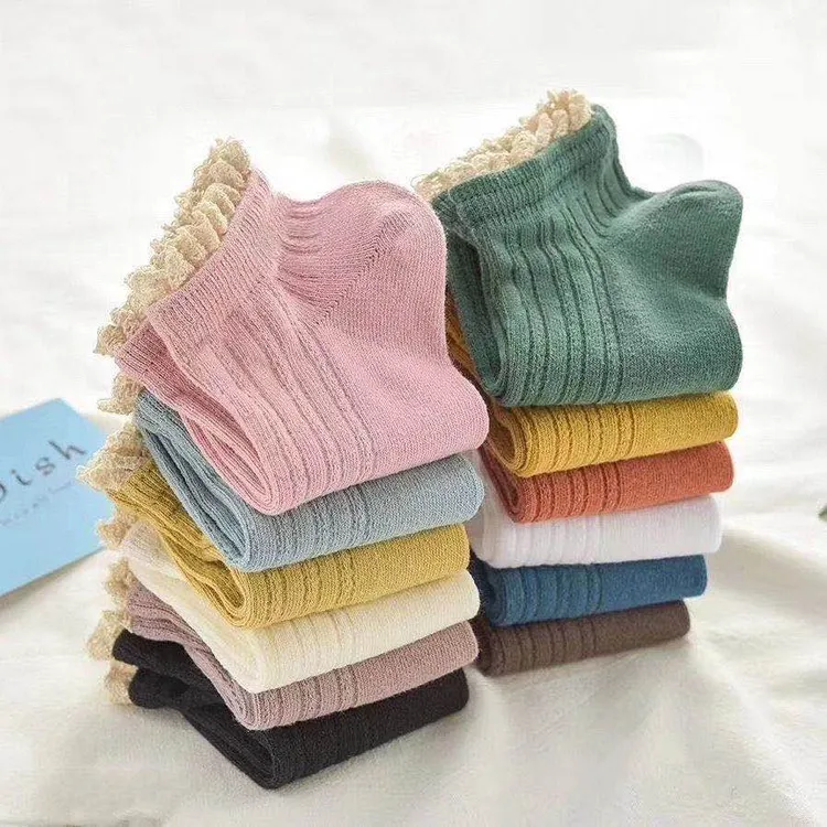 【五双装】休闲新潮百搭糖果花边袜船袜棉袜纯色