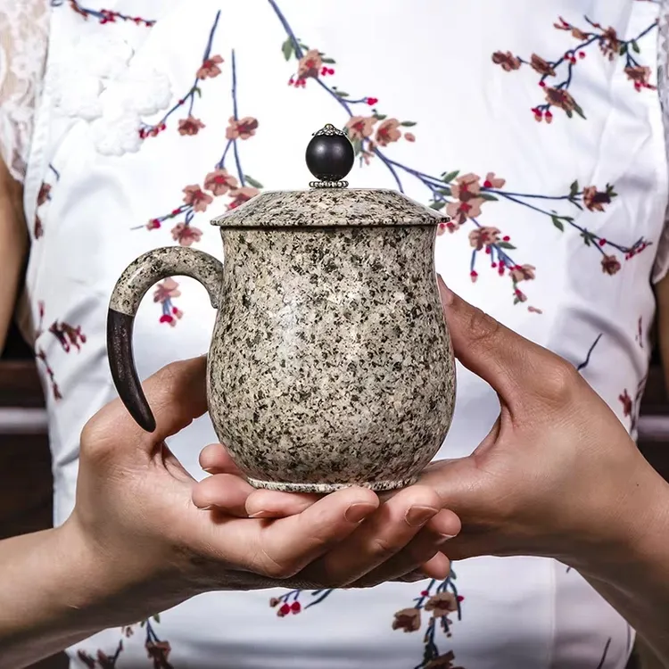 RENHE正品内蒙奈曼陶瓷麦饭石水杯带盖月牙杯能容杯子茶杯马克杯