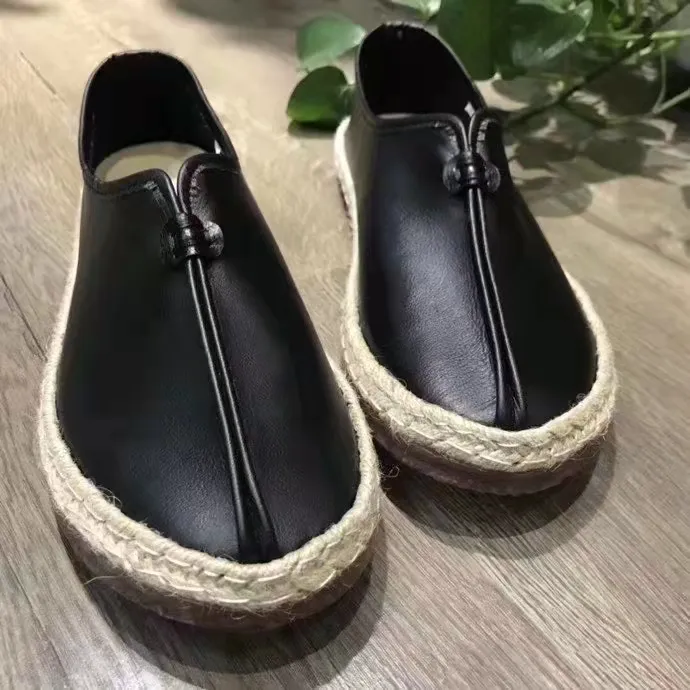 蒙鲤国风男士9818-15麻边果冻底渔夫鞋单鞋百搭黑色鞋子休闲鞋