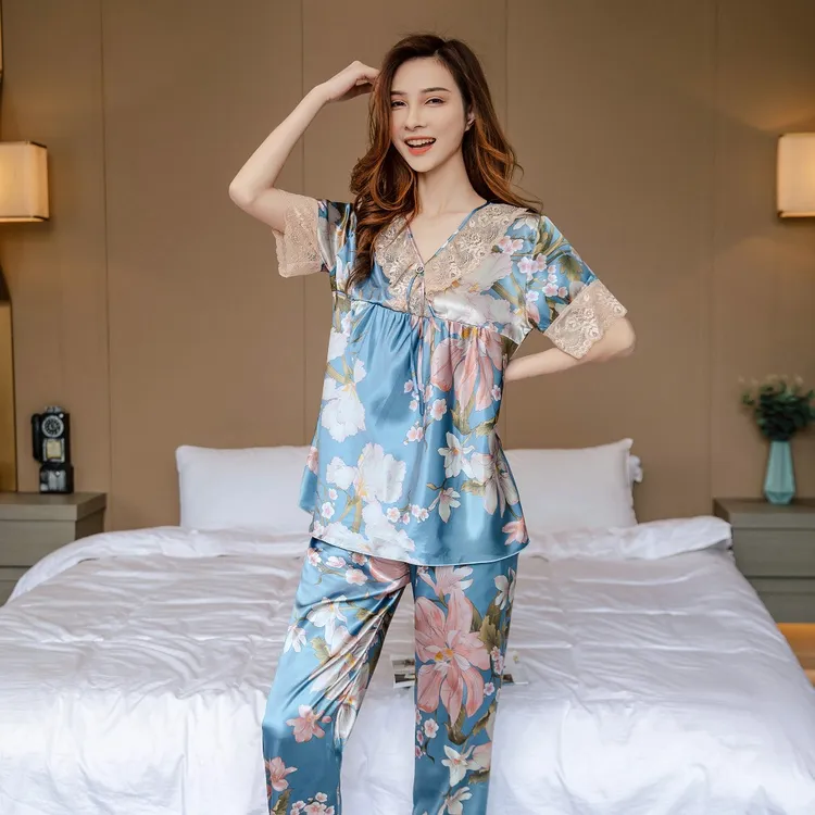 夏季新款 百花款冰丝女士居家服套装 短袖款