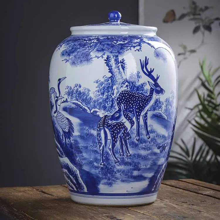 景德镇陶瓷青花手绘米缸桶油水缸50/100斤装茶叶罐带盖密封储物罐