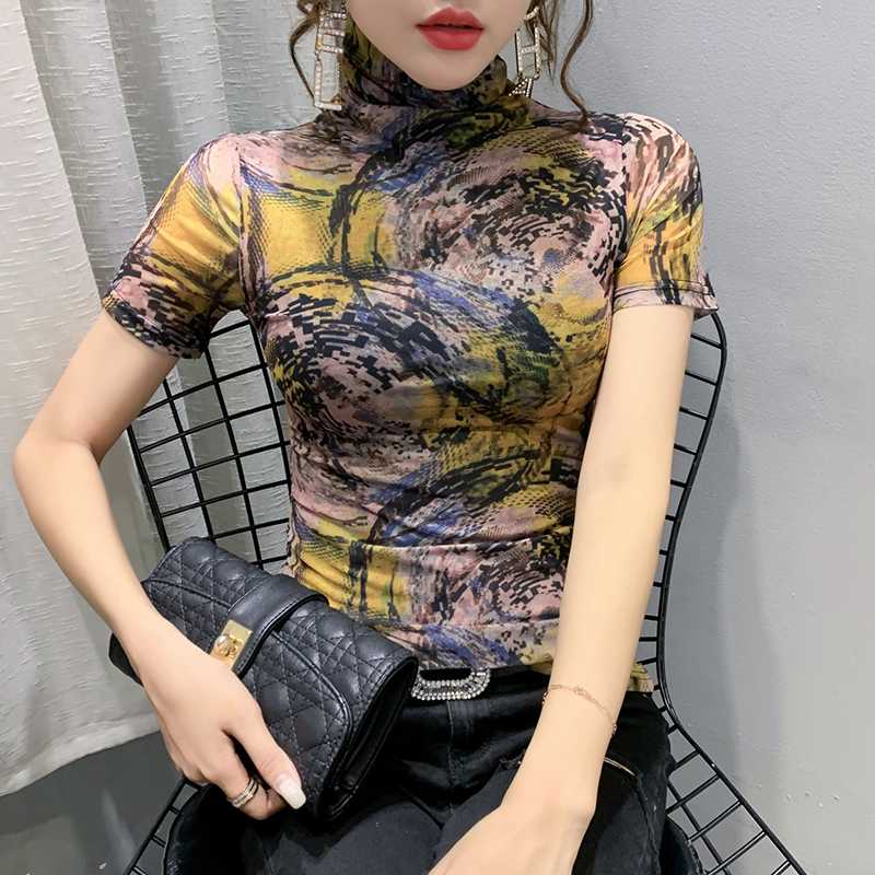 时尚洋气早春新款高档印花网纱短袖上衣女士气质内搭打底小衫显瘦