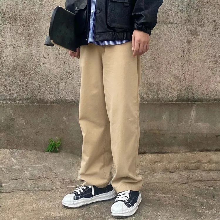 卡其色直筒裤男潮流宽松工装裤潮牌日系阔腿裤春秋运动米黄色裤子