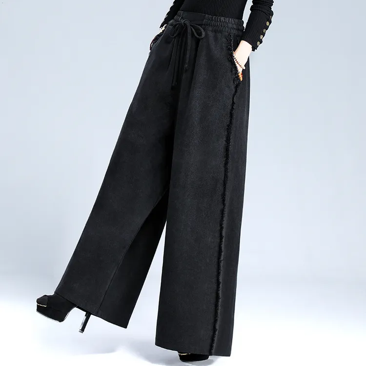 2025秋冬加绒黑色松紧高腰牛仔阔腿裤女宽松大码垂感直筒裤时尚