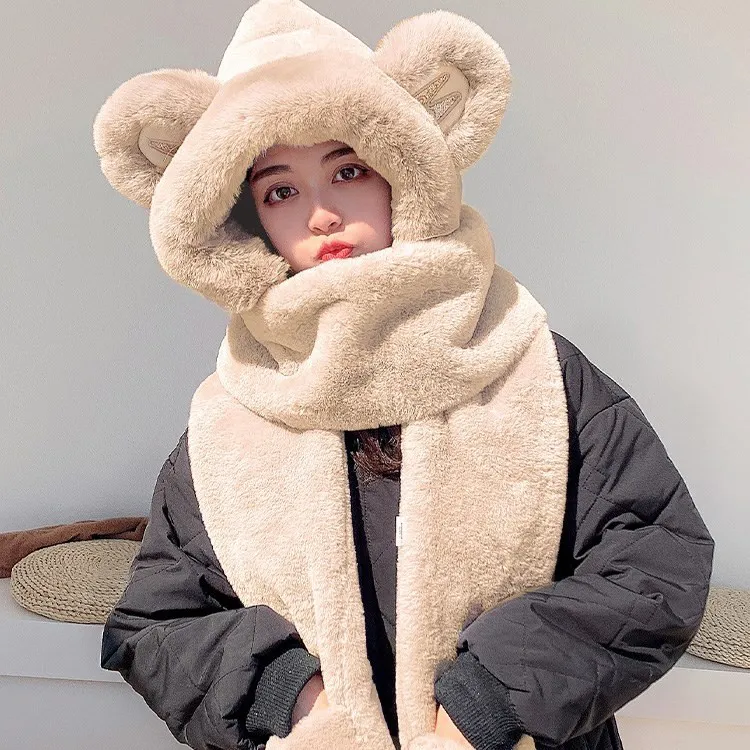 可爱小熊帽子围巾一体女新款2025网红百搭围脖冬季保暖毛绒帽手套