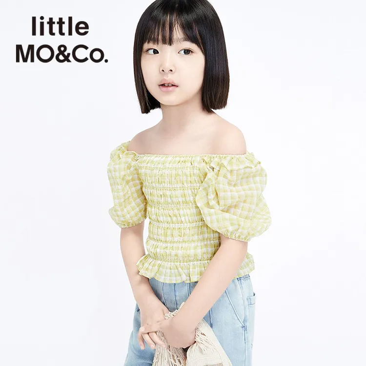 MOCO童装21夏装新款泡泡袖女童甜美格子方领短款衬衫#KBA2TOP001