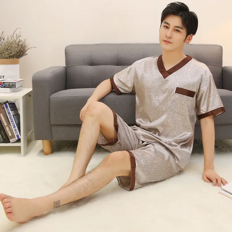 松欣V领冰丝套头男士睡衣家居服套装短袖春夏