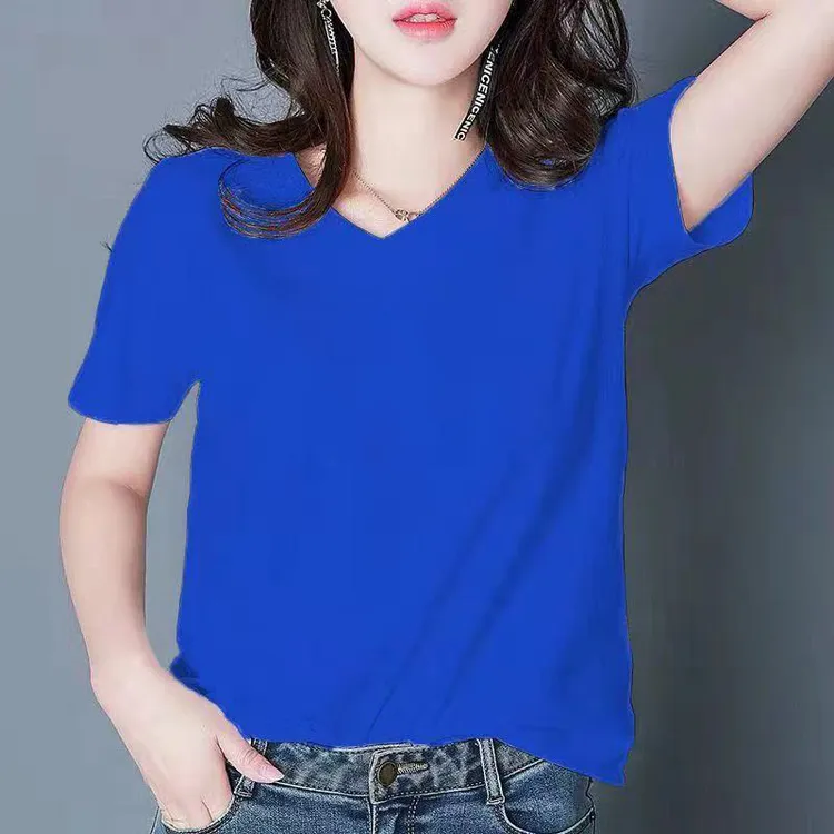 克莱茵蓝V领鸡心领短袖T恤女宽松2025新款半袖简约休闲大码女装夏