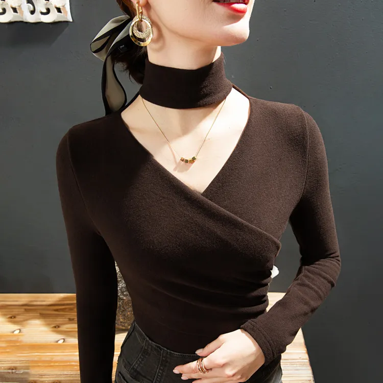 设计感双面德绒半高领上衣秋冬新款交叉挂脖打底衫内搭洋气小衫