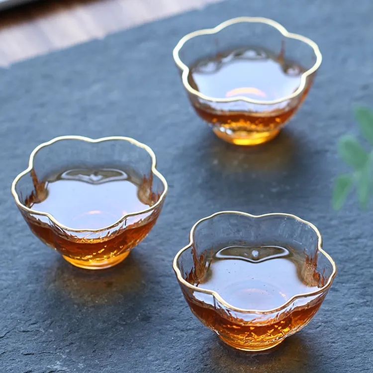 漫佳 金边锤纹品茗杯 梅花杯 or 六角杯 高硼硅耐热描金主人杯