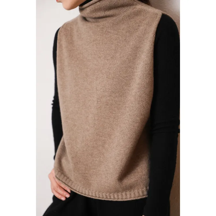 东雍 简约百搭套头半高领卷边侧开叉羊绒针织无袖坎肩马甲背心