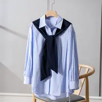 春秋装新款韩版竖条纹带披肩中长款宽松衬衫女显瘦【红人上新】