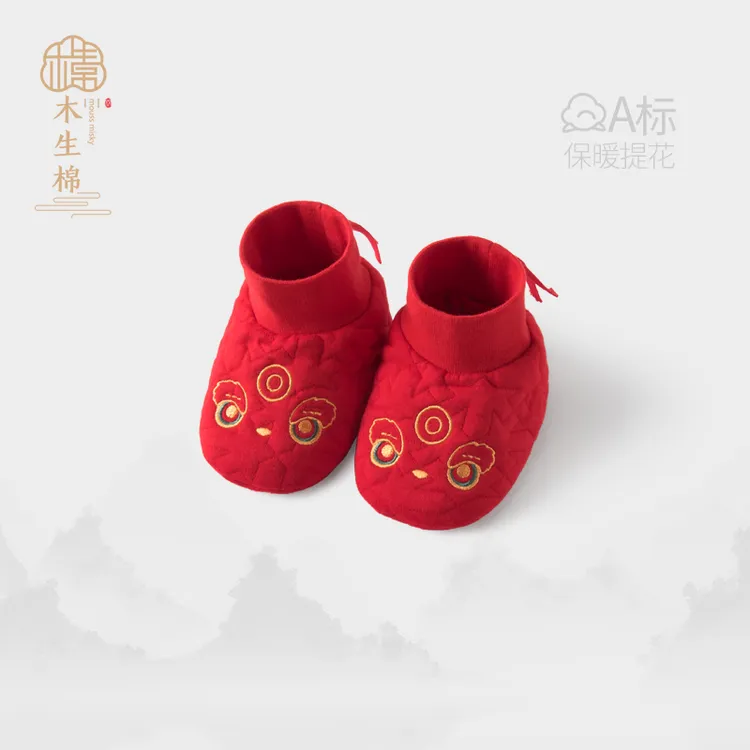 木生棉 中国风秋冬季新生儿脚套0-6个月婴儿宝宝可调节护脚套潮
