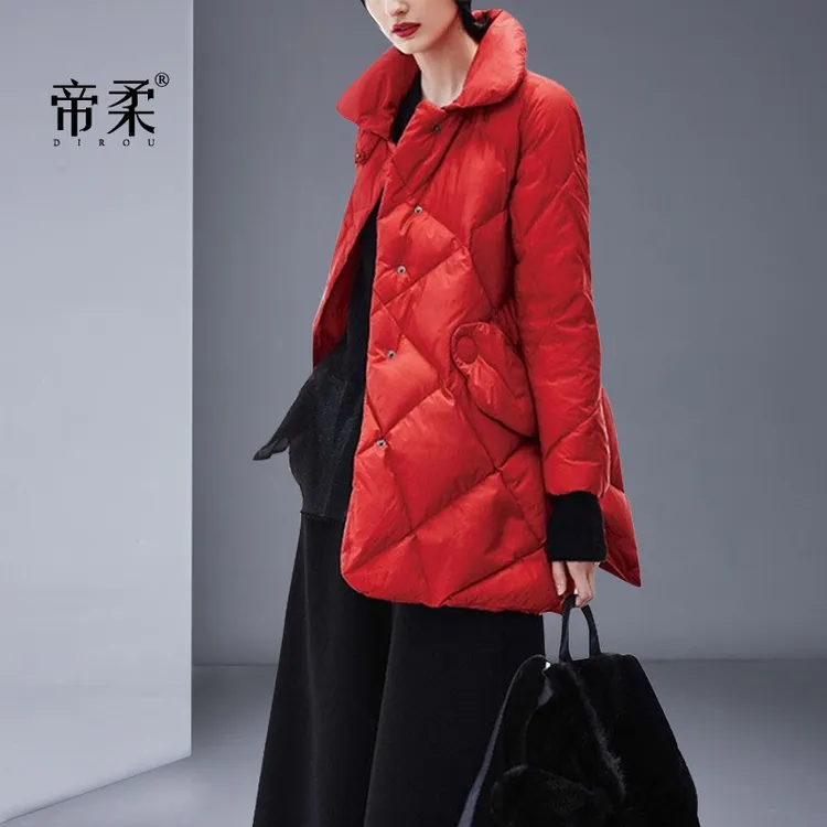 轻薄红色保暖羽绒服女中长款2025新款冬装宽松大码时尚洋气质外套