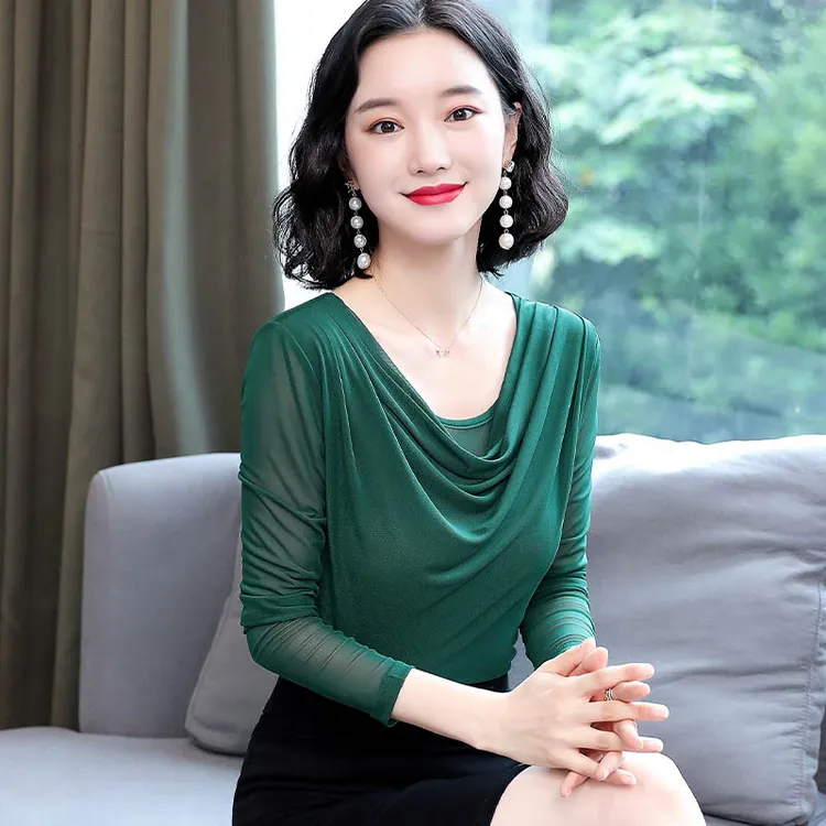 春夏网纱打底衫女长袖2025新款春装气质时尚百搭上衣显瘦洋气小衫