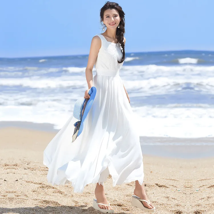 2025夏季白色雪纺连衣裙女无袖蕾丝气质长裙修身大摆裙显瘦度假裙