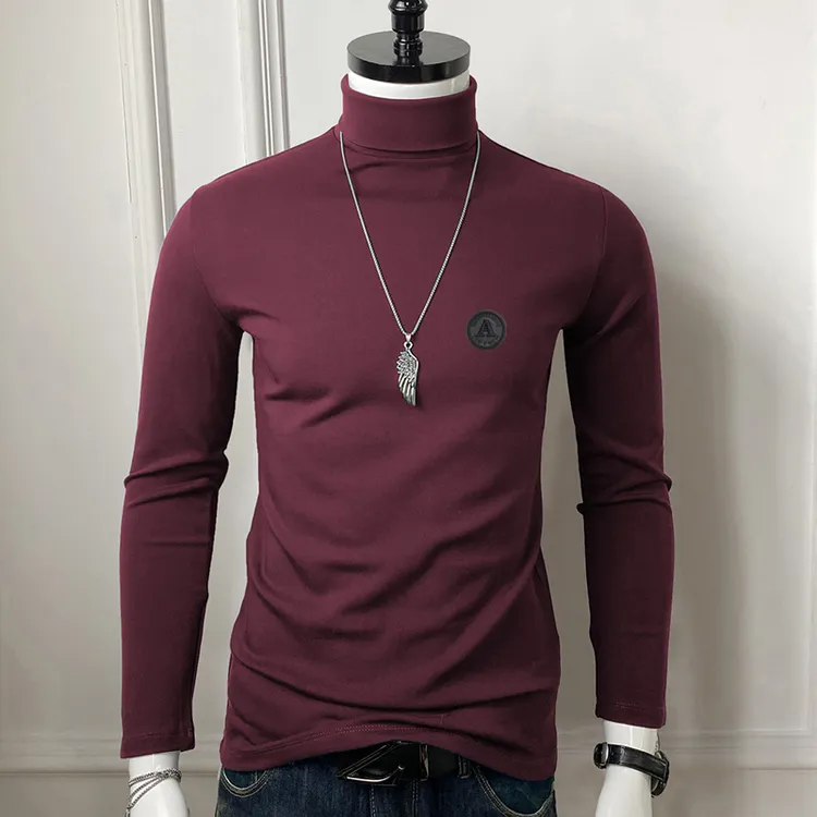 秋冬高领上衣简约内搭T恤长袖加绒打底衫男丝光棉莫代尔保暖修身