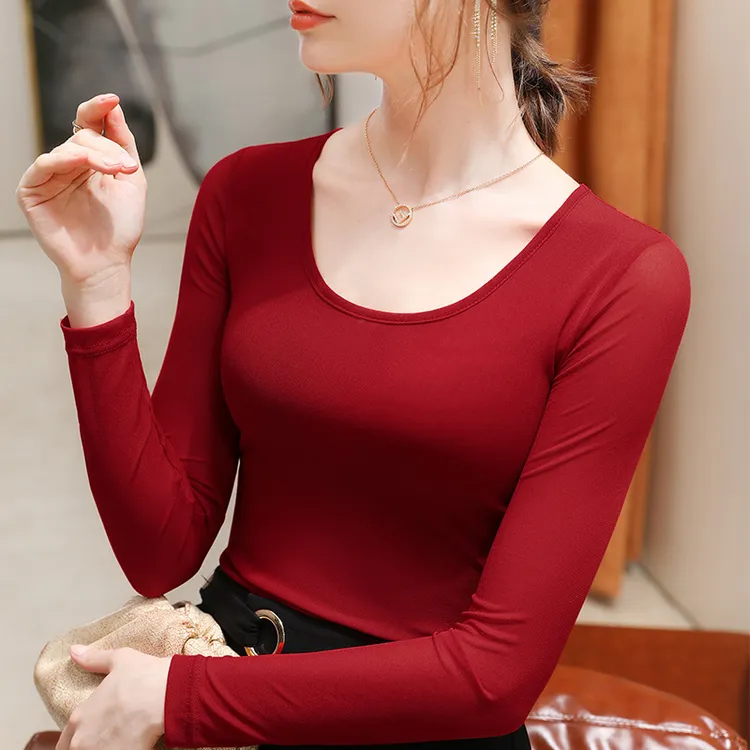 圆领网纱打底衫女2025春秋新款女装修身内搭长袖T恤加绒加厚上衣