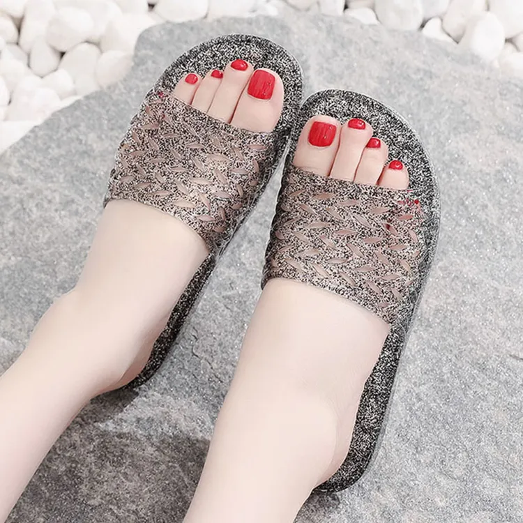 水晶镂空拖鞋海边外穿居家居浴室洗澡防滑妈妈凉拖女夏平底不臭脚