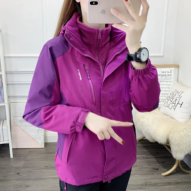 秋冬户外加厚冲锋衣女三合一加绒保暖软壳服防风防水拼色登山服潮
