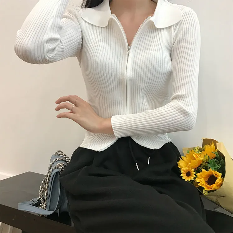 polo领2025针织开衫女薄款早秋新款修身显瘦短款双拉链长袖上衣