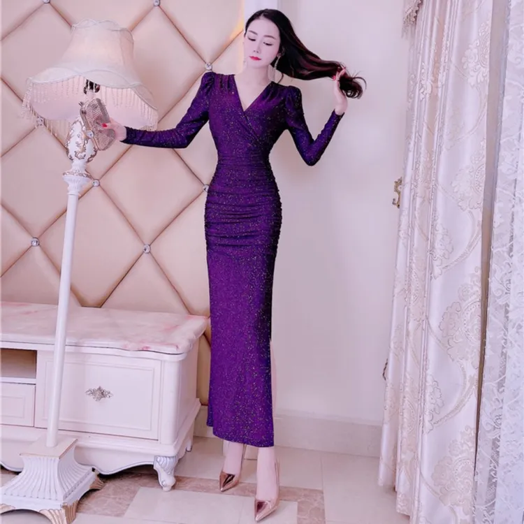 2022新款气质名媛时尚优雅大气重工闪粉修身显瘦V领遮肚子连衣裙