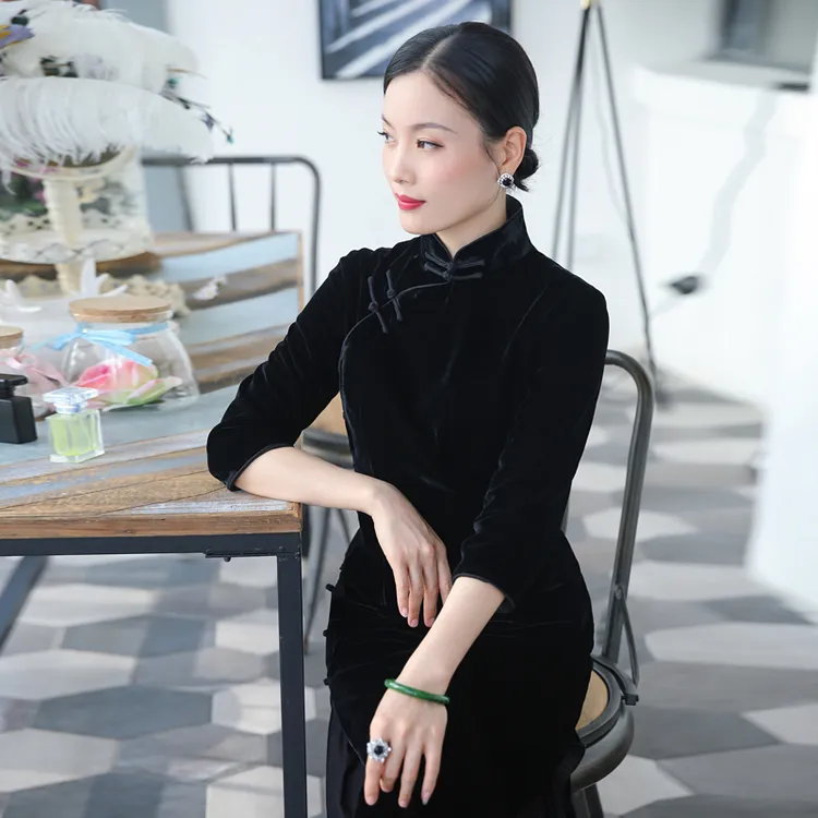 三重门{回忆录}新款丝绒旗袍复古老上海民国风日常长款气质修身女