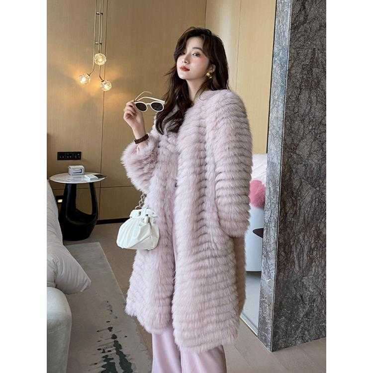 北麋 芬兰进口整皮狐狸毛嵌夹皮草外套长款女气质走秀大衣  258