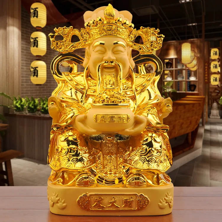 金色财神爷摆件客厅家用店铺公司办公室工艺品摆件中式聚宝盆直播