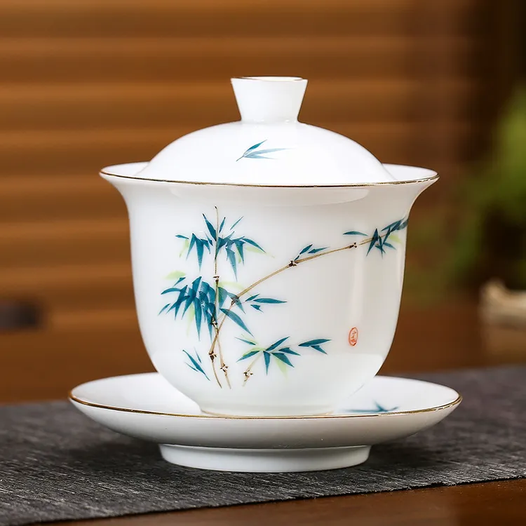 手绘描金羊脂玉瓷盖碗 陶瓷青花手绘大号三才茶碗功夫茶具碗定制