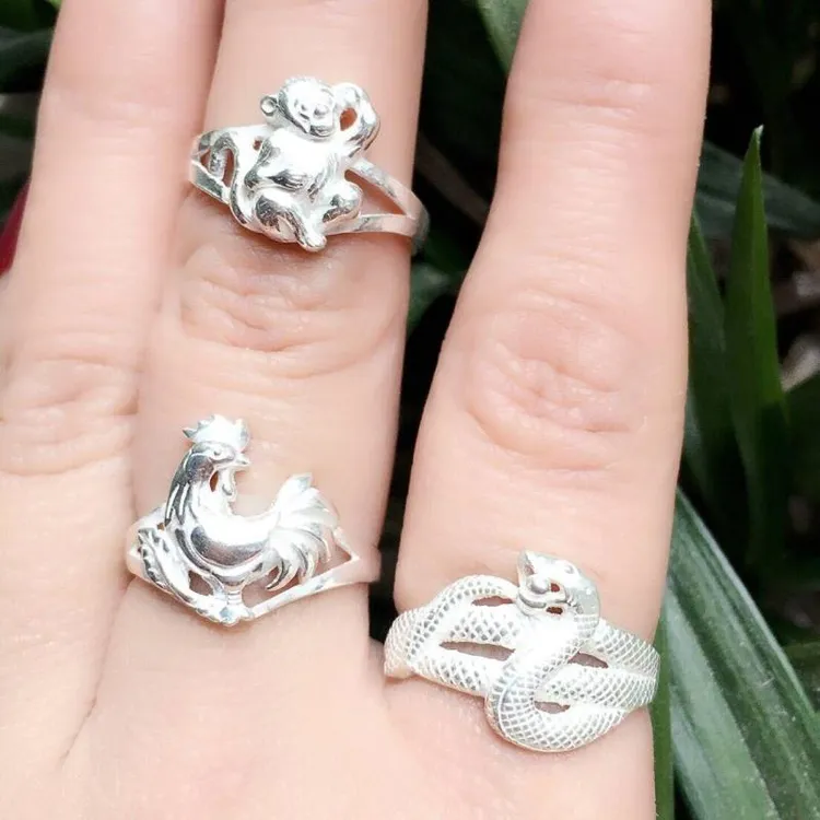 谢家银匠 足银戒指 男女戒指牛兔龙戒指 十二生肖公鸡龙老虎戒指