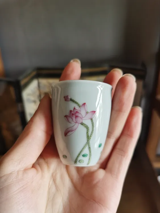 仿古灰釉珐琅彩荷花白瓷手工专用品茗杯手绘茶杯中式陶瓷茶具家用